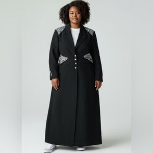 Black Embellished Long Dress Coat (Size 16) - Rhinestone Buttons Tailored Fit